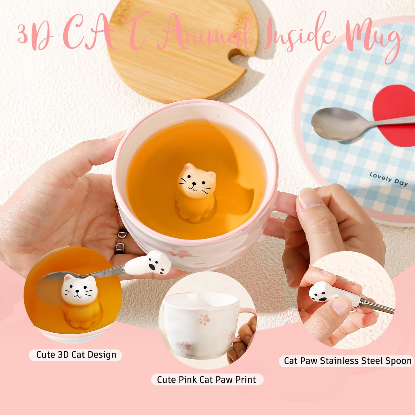 BigNoseDeer Kawaii Cat Mug with 3D Kitty Inside Ceramic Tea Cup Coffee Mug Cute Mugs Gifts for Women Girlfriend Kids(13oz)