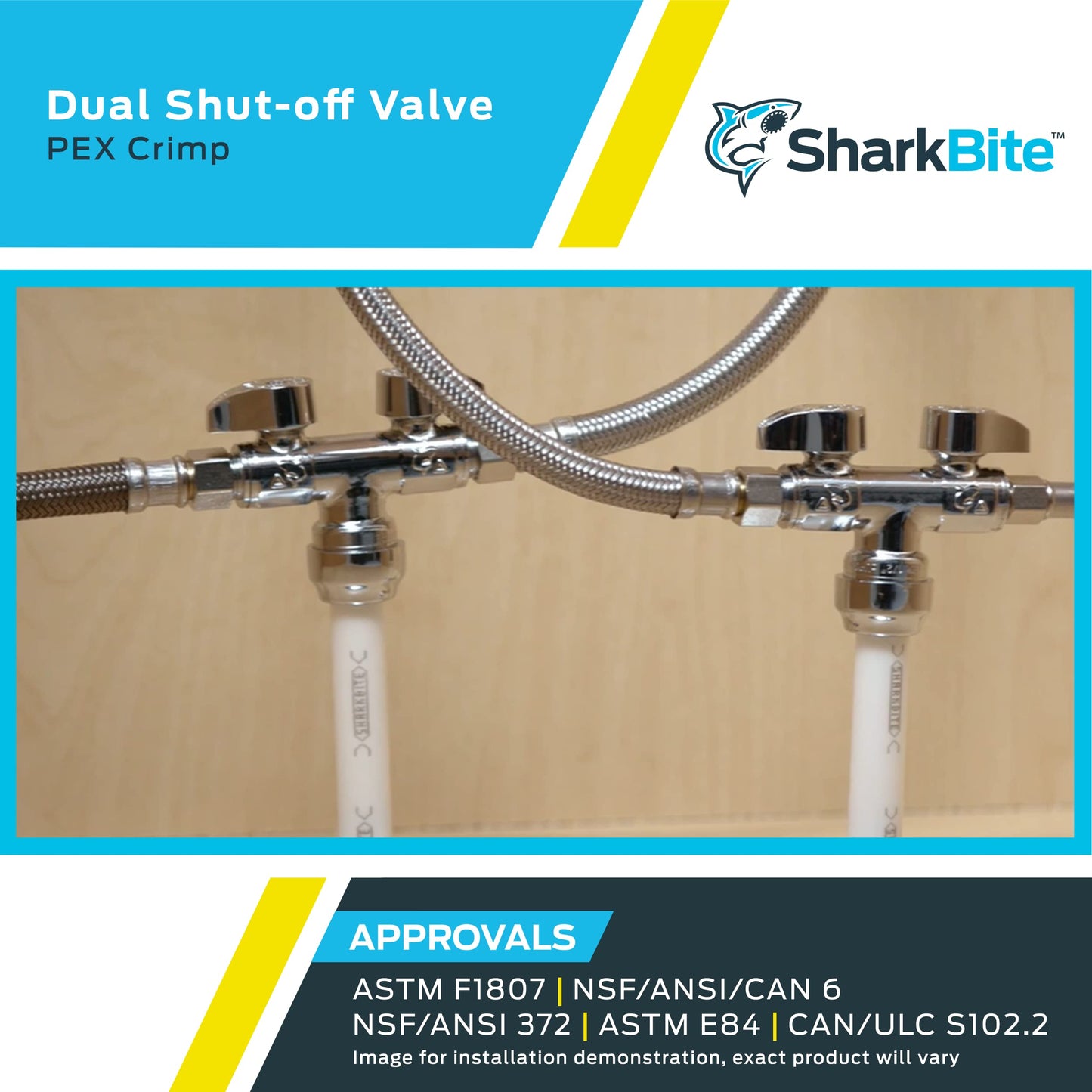 Sharkbite 1/2 x 3/8 x 3/8 Inch Brass Crimp Angle Stop Valve, Dual Shut Off, Quarter Turn, PEX Pipe, PE-RT, UCDS123838Z