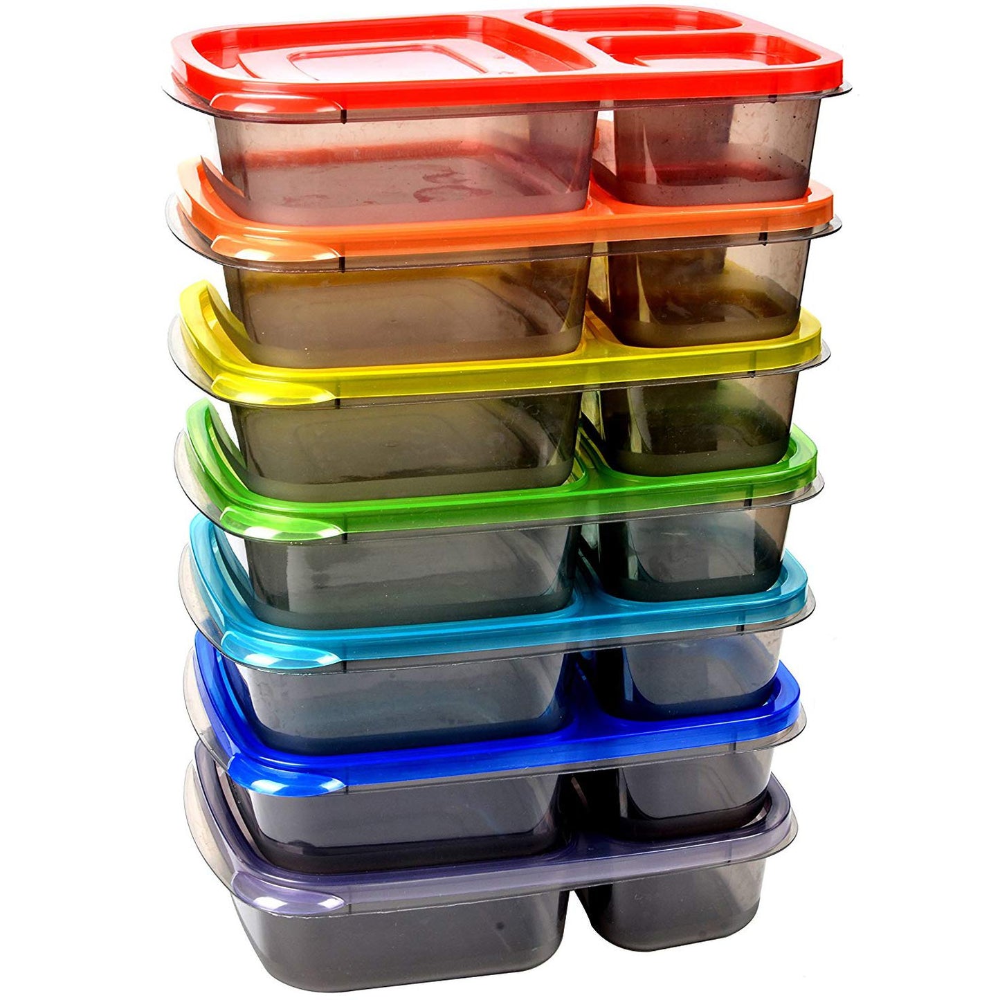 Youngever 7 Pack Bento Lunch Box, Meal Prep Containers, Reusable 3 Compartment Plastic Divided Food Storage Container Boxes