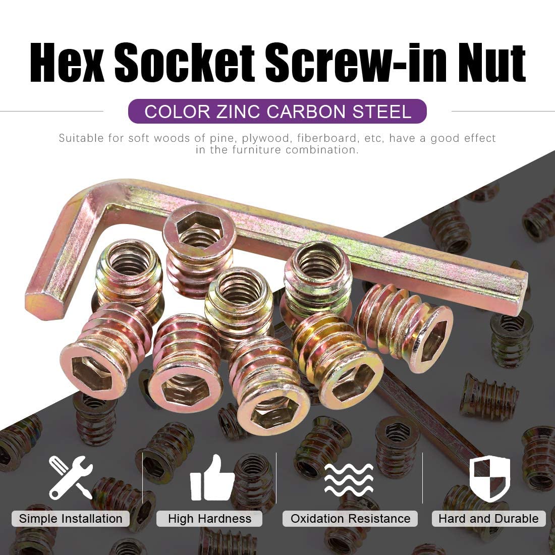 Swpeet 135Pcs 1/4" + 5/16" Carbon Steel Color Zinc Plated Wood Inserts and 9mm 11mm Twist Drill with 2Pcs M6 M8 Wrench Kit, Bolt Furniture Screw in Nut Threaded Fastener Connector Hex Socket Drive