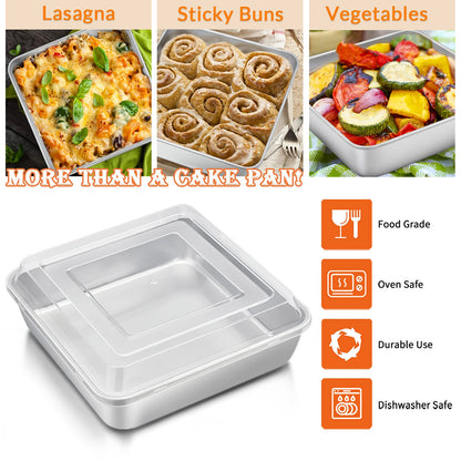 8 x 8-Inch Baking Pan with lid, E-far Square Cake Brownie Baking Pans Stainless Steel Bakeware Set of 2, Non-toxic & Healthy, Easy Clean & Dishwasher Safe - 4 Pieces(2 Pans + 2 Lids)