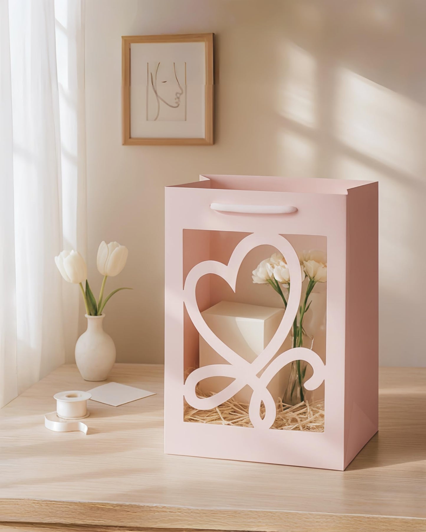 VAGREEZ Gift Bags with Window and Handles 15 Pack | Reusable, Transparent Heart Cutout Design, Medium Size, Bulk, Elegant Paper Gift Bags | Ideal for Party Favors, Wedding, Bridal Shower, Valentine’s Day, Mother's Day, Birthday And Special Occasions | Pin