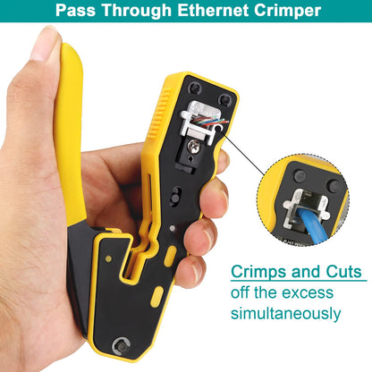 Brileine RJ45 Crimp Tool Pass Through RJ45 Crimper All-in-one Ethernet Crimper Kit with 50PCS Cat5e Cat6 RJ45 Pass Through Connectors, 50PCS Covers, Mini Wire Stripper