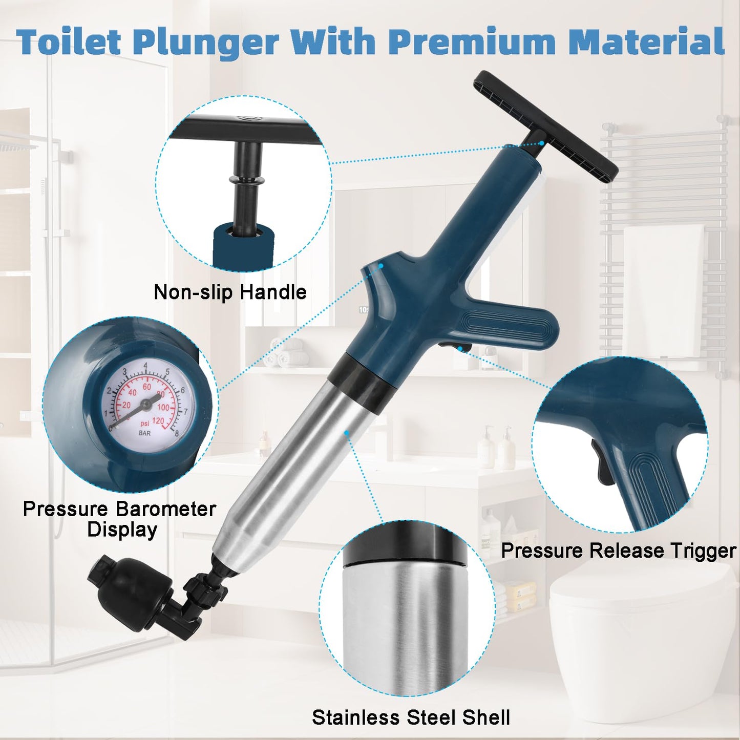 Air Toilet Plunger, Drain Clog Remover, High-Pressure Air Drain Blaster with Real-Time Barometer Powerful Drain Sink Plunger Plumbing Tools, Plungers for Bathroom Sink Floor Kitchen Clogged (Blue)1