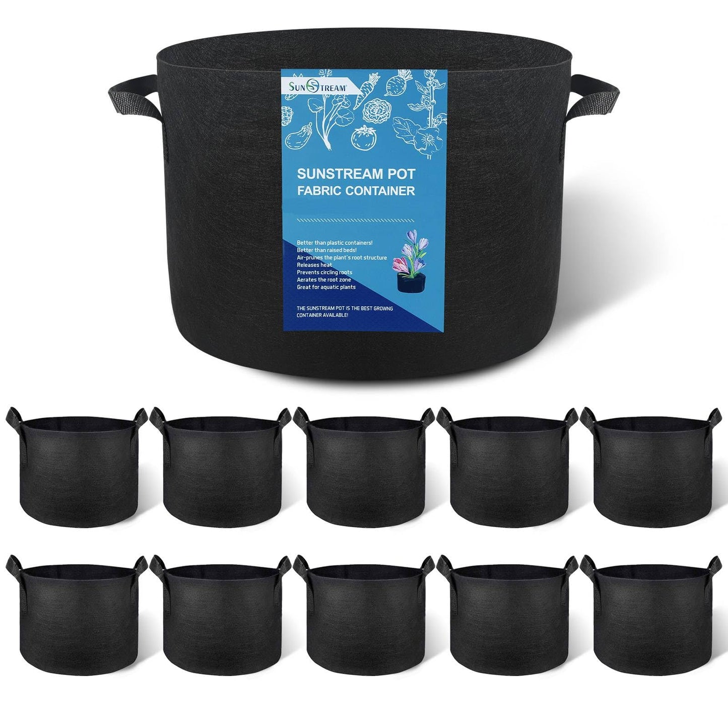 SunStream 10-Pack 2 Gallon Heavy Duty Thickened Nonwoven Fabric Pots Grow Bags with Handles