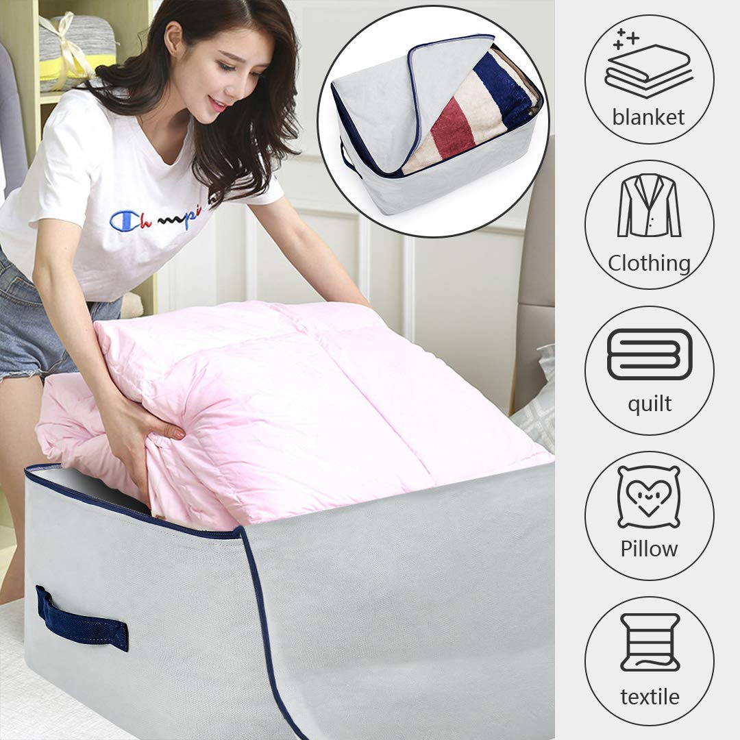 Pack of 2, 70 * 50 * 28cm, Big Size Soft Cotton Canvas Clothes Storage Bags for Garment, Sweaters, Duvets, King/Queen Size Bedding Organizer Containers, Breathable, Washable