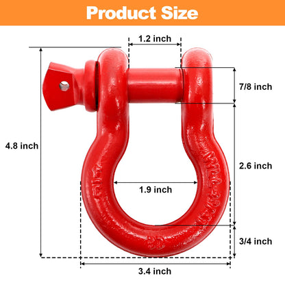 Bekith 3 Pack D Ring Shackles - 3/4" Rugged Unbreakable Heavy Duty Tow Shackle for Strap, Winch, Vehicle Recovery - 28.5 Ton (57,000 Lbs) Maximum Break Strength, Red