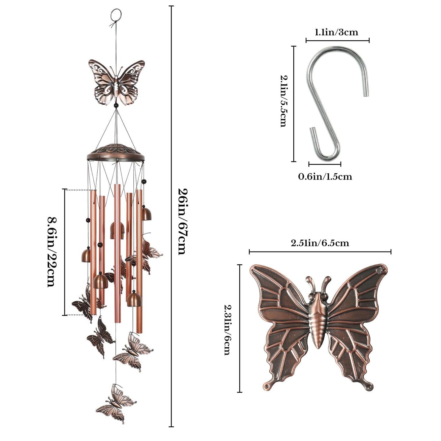 UXORSN Butterfly Wind Chimes for Outside Clearance,26" Unique Garden Wind Chimes with 4 Aluminum Tubes for Grandma Mom Gifts Porch Window Balcony Hanging Decor