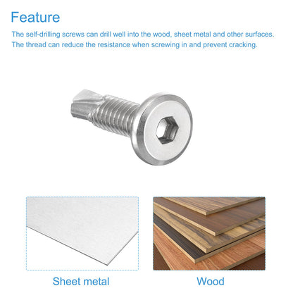 uxcell Hex Socket Self Tapping Screws, 1/4 x 1 410 Stainless Steel Sheet Metal Flat Head Drilling Screw 100pcs, Silver