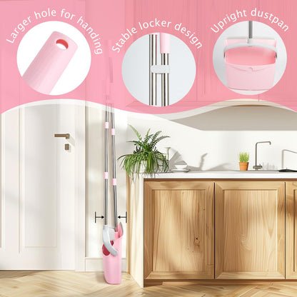 XXFLOWER Broom and Dustpan Set with Split Bristles,Upright Standing Dust Pan with Comb Teeth for Floor Cleaning,Broom with Dustpan Combo with Long Handle for Home Kitchen Lobby Office(Gray Pink)