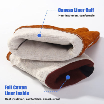QeeLink Welding Gloves - Heat & Wear Resistant Lined Leather and Fireproof Stitching - For Welders/Fireplace/BBQ/Gardening