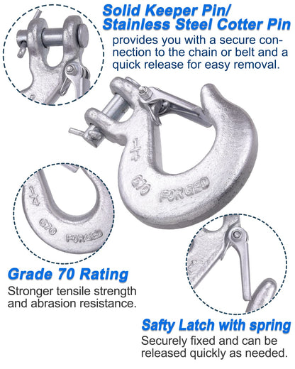 WENHUALI 1/4 Inch Safety Chain Hooks, Clevis Slip Hook with Safety Latch, Grade 70 Forged Steel 12,600 Lb for Trailer Truck Transport Tow Winch Hook Trailer(1/4 Inch, 2 Pack)