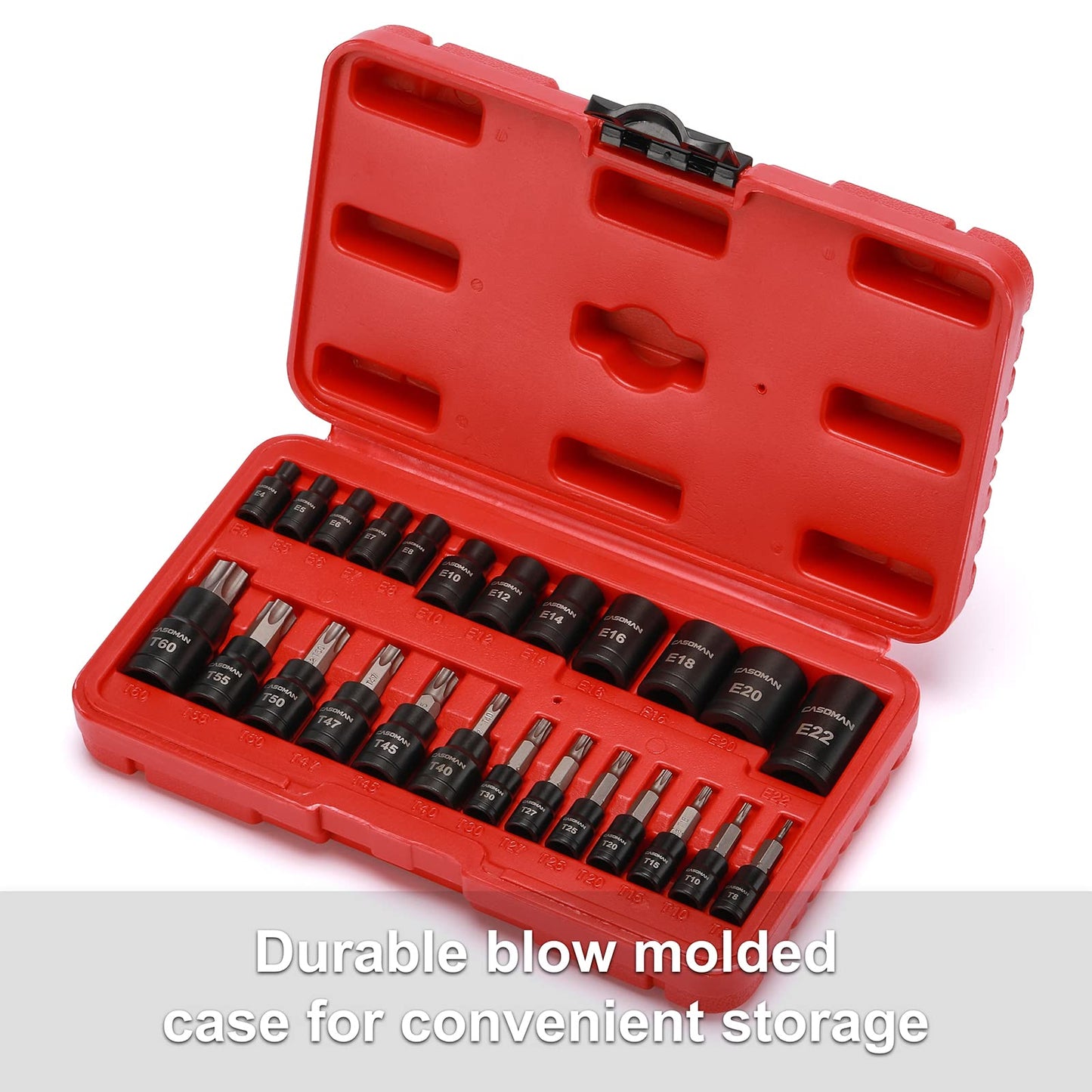 CASOMAN 25 Piece Torx Bit Socket and Female External Socket Set, 13 Star Socket Bits (T8- T60)& 12 Female E-Torx Sockets (E4-E22)