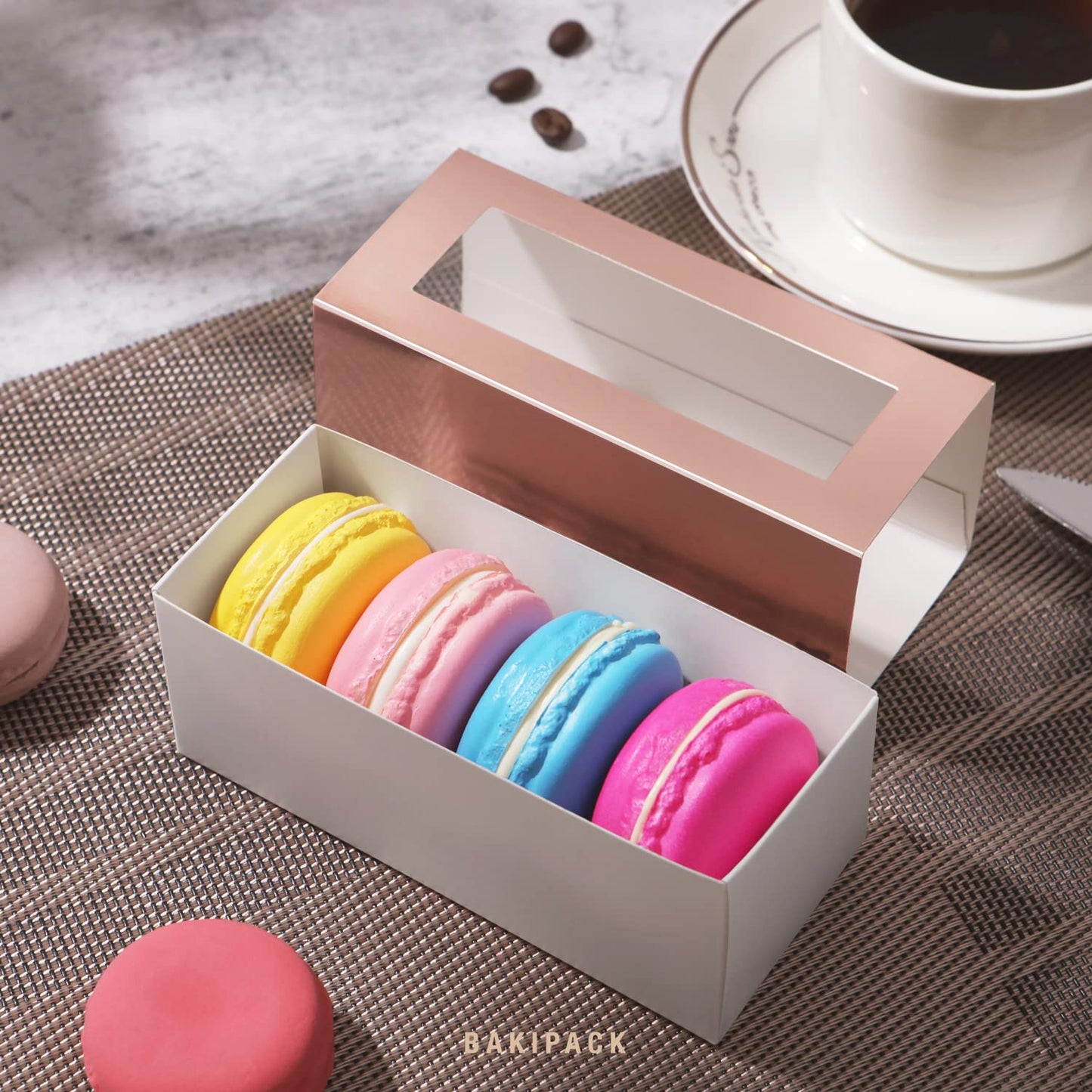 BAKIPACK 30 Macaron Boxes for 4 or 5, Rose Gold Macaron Boxes with Clear Window, 4.8" x 1.9" x 1.9" Macaron Packaging Gift Boxes, Candy Gift Boxes