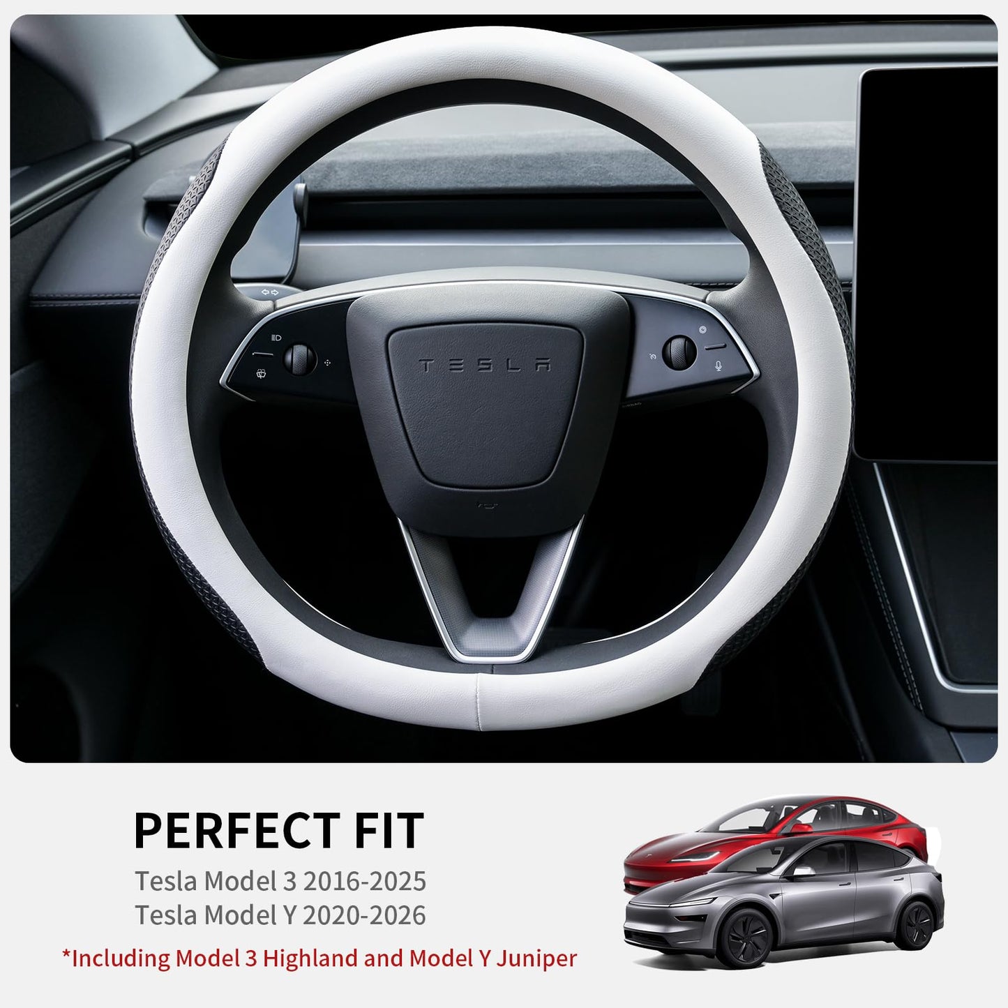 Uxcer Nappa Leather Steering Wheel Cover for Tesla Model 3/Y 2016-2025 2026 Juniper/Highland, Non-Slip Breathable Tesla Model 3/Y Steering Wheel Protector, White