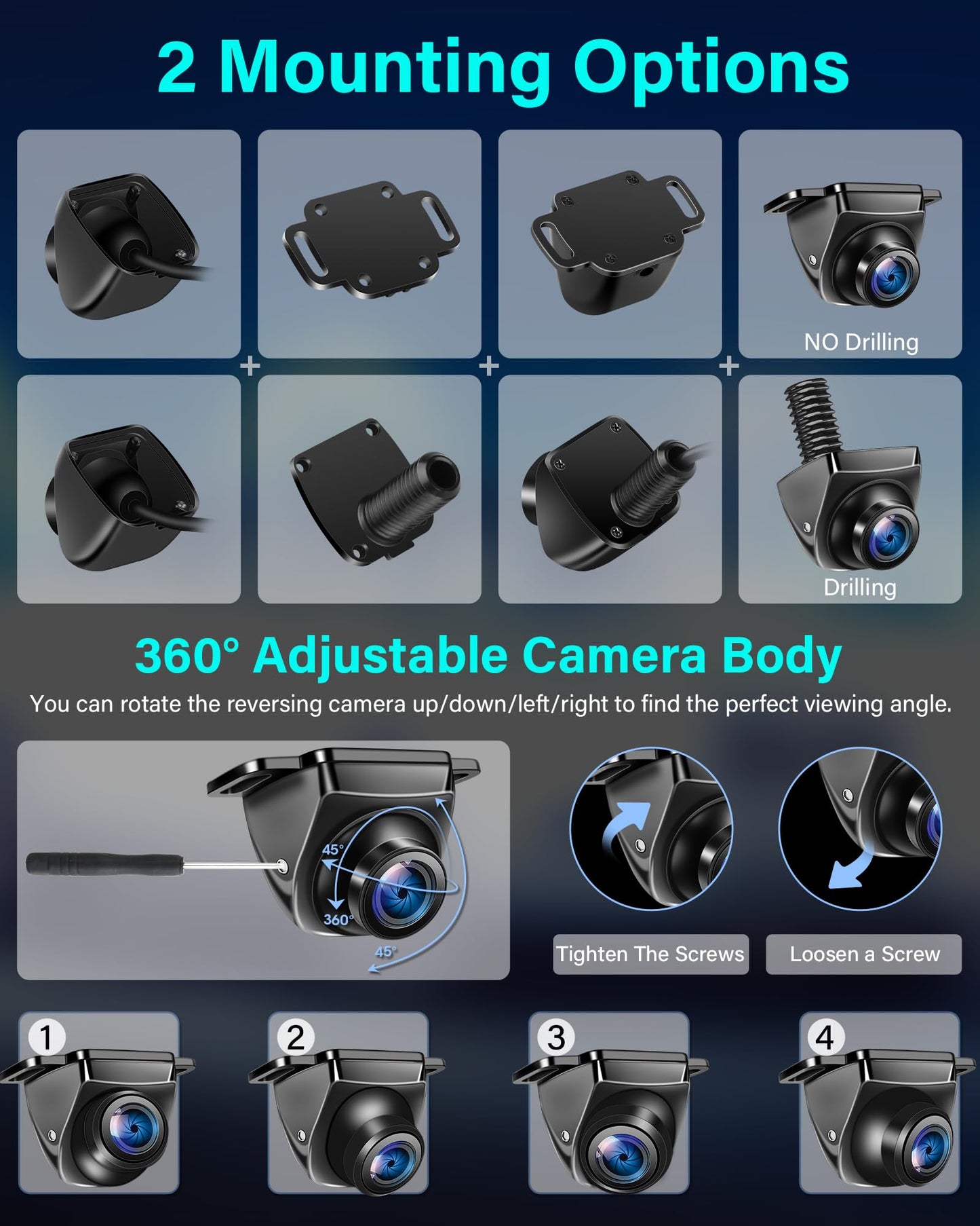 Backup Camera AHD 1080P/720P/CVBS/PAL 360° Rotatable Back up Camera for Car 170° Rear View Camera Night Vision IP69K Waterproof Reverse Camera Front/Side/Rear Camera Truck RV Horse Trailer Camera