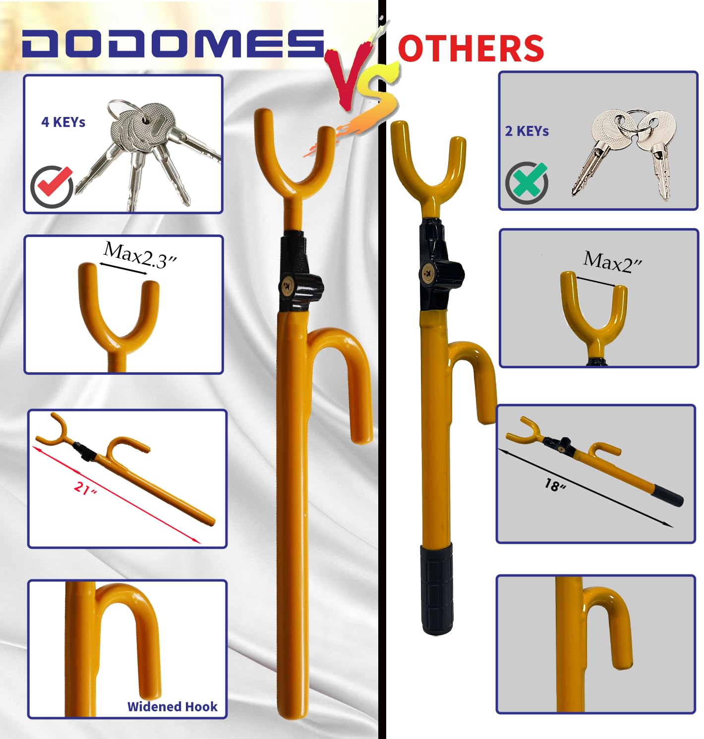 DODOMES Steering Wheel Lock Anti-Theft car Device Car Wheel Locks Heavy Duty Vehicle Security Steering Wheel Lock for Truck Car Vehicles Van Lorry SUV with 4 Keys, Elongated Length MAX 30.5" Yellow