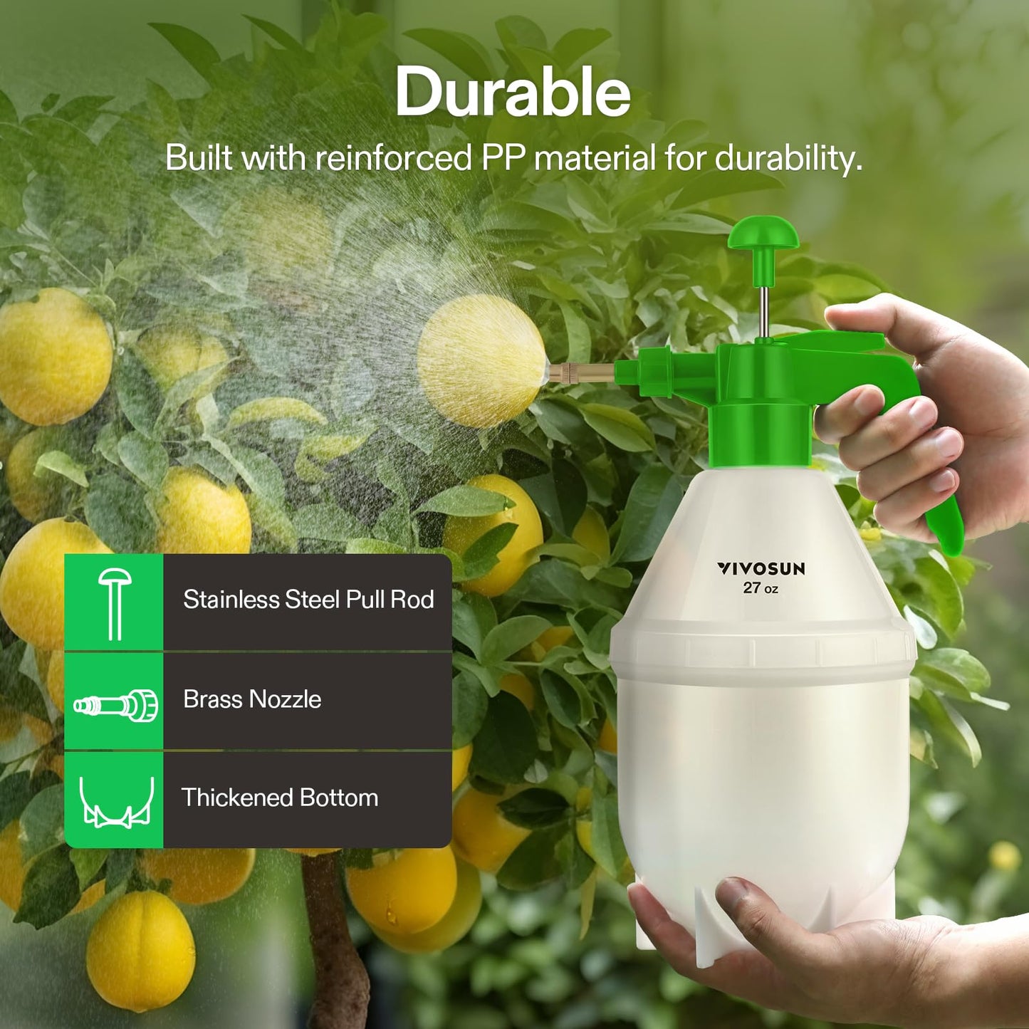 VIVOSUN 0.2 Gallon Handheld Garden Pump Sprayer, 27 oz Gallon Lawn & Garden Pressure Water Spray Bottle with Adjustable Brass Nozzle, for Plants and Other Cleaning Solutions (0.8L Green)