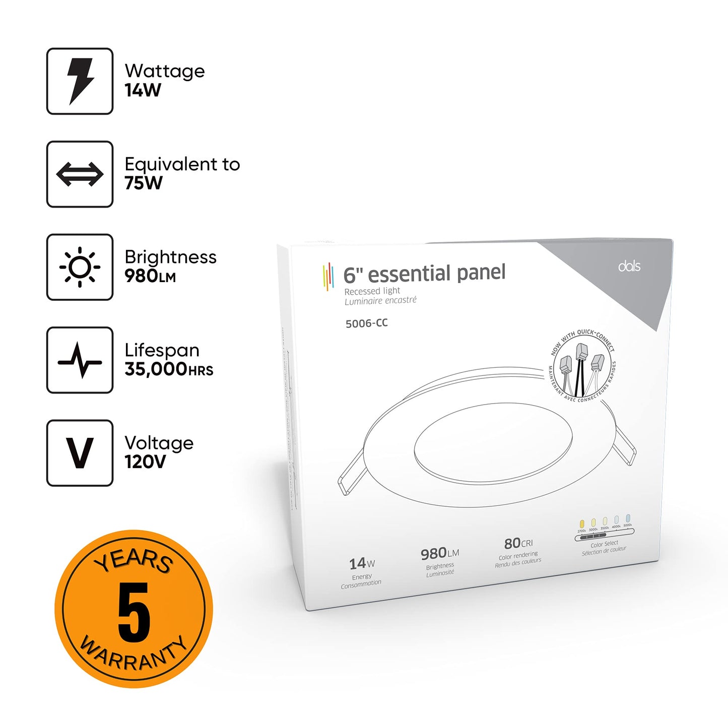 DALS 6 Inch Round Recessed Panel Light with Junction Box/Driver | CCT Color Selectable 2700K, 3000K, 3500K, 4000K, 5000K | 14W, 980 Lumens | Dimmable Pot Light | Wet Rated | ETL Certified | White