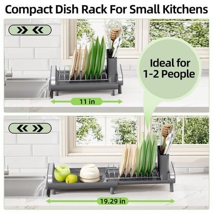 Small Expandable Dish Drying Rack – Compact Stainless Steel Dish Drainer with Removable Cutlery Holder, Anti-Rust Plate Rack for Kitchen Countertop or Sink, Grey