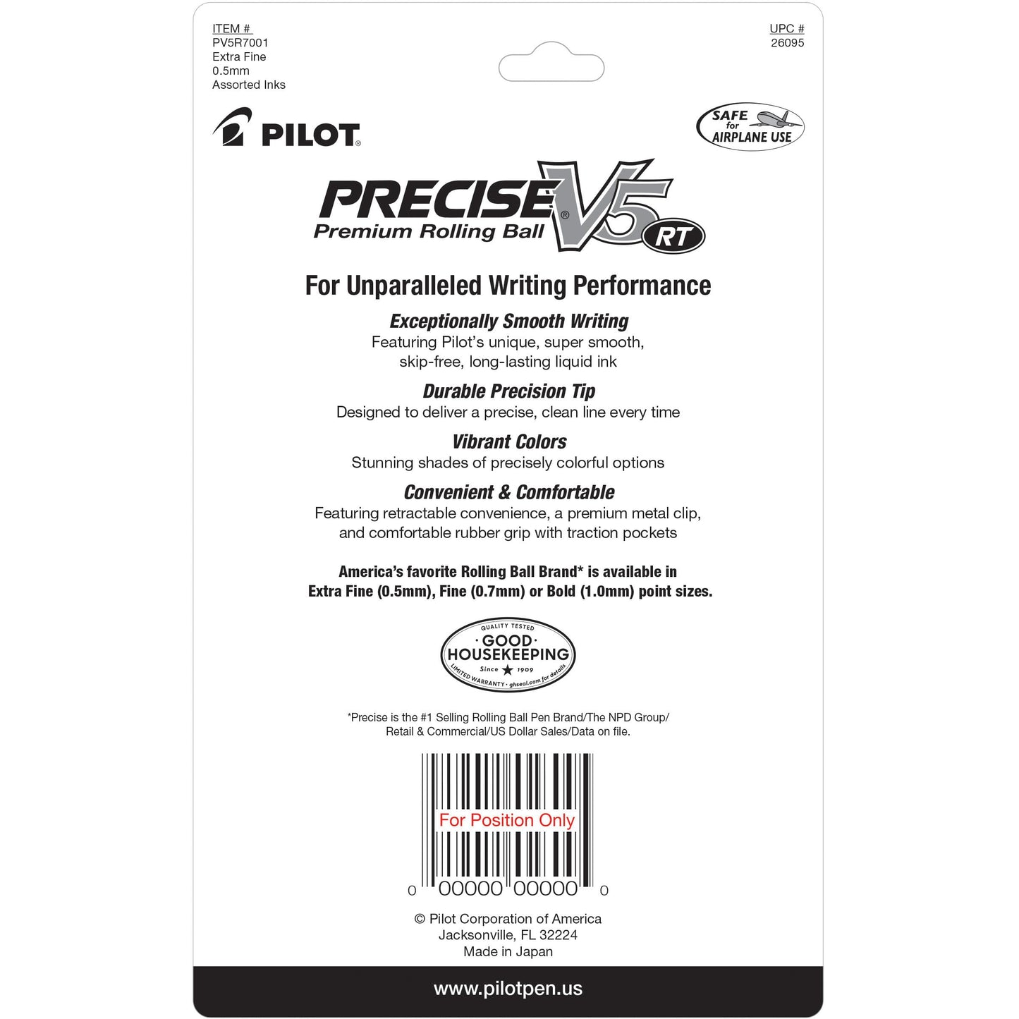 Pilot, Precise V5 RT Refillable & Retractable Liquid Ink Rolling Ball Pens, Extra Fine Point (0.5 mm) Assorted Ink Colors, Pack of 7