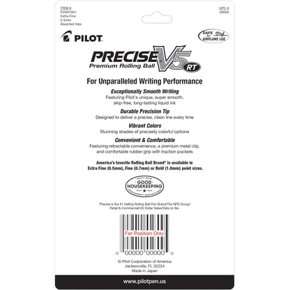 Pilot, Precise V5 RT Refillable & Retractable Liquid Ink Rolling Ball Pens, Extra Fine Point (0.5 mm) Assorted Ink Colors, Pack of 7