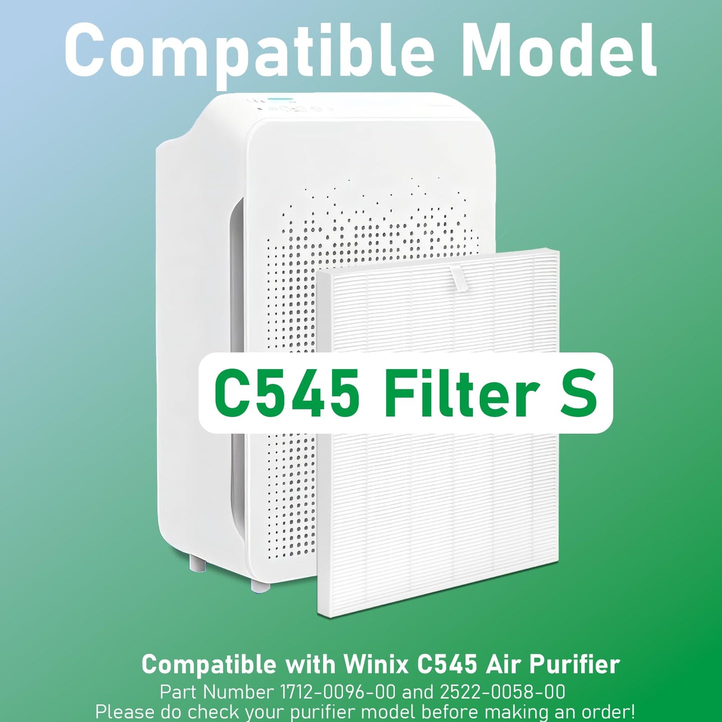 C545 True HEPA Replacement Filter S Compatible with Winix C545 Air Purifier, Replaces Part # 1712-0096-00 and 2522-0058-00 - H13 True HEPA Filter Only 2 Pack