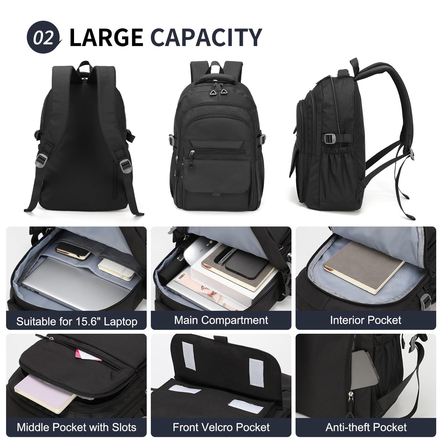 SUIKIHUM Aesthetic Daypack Backpack, Water-Resistant 15.6" Laptop Backpack for Women and Men, Featuring Touch-Fastener and Anti-Theft Pockets (Black)