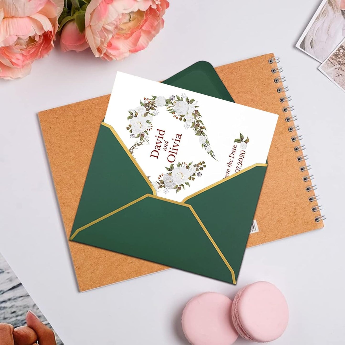 WEZCHUGHAOL 50 Pcs Invitation Envelopes, V-Flap Envelopes Mailing Card Envelopes, Quick Seal Envelopes with Gold Border for Birthday, Weddings, Graduations, Greeting Cards (Green, 5 x 7 inch)