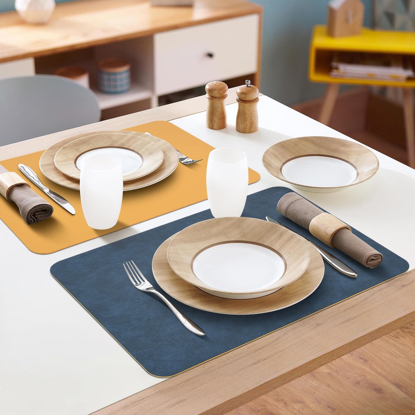 APLKER Leather Placemats Set of 6 Table Mats Heat Resistant Dual Sided Place Mats, Waterproof Wipeable Dining Vinyl Table Mats Set of 6 for Home Party Outdoor,16.9 x 11.8 inch - Navy/Yellow