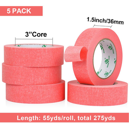 BOMEI PACK 5Rolls Pink Masking Tape 36mm x 55yds, General Purpose Thin Pink Painters Tape for Painting, Labeling, DIY Crafting, Decoration and School Projects, Total 275yds
