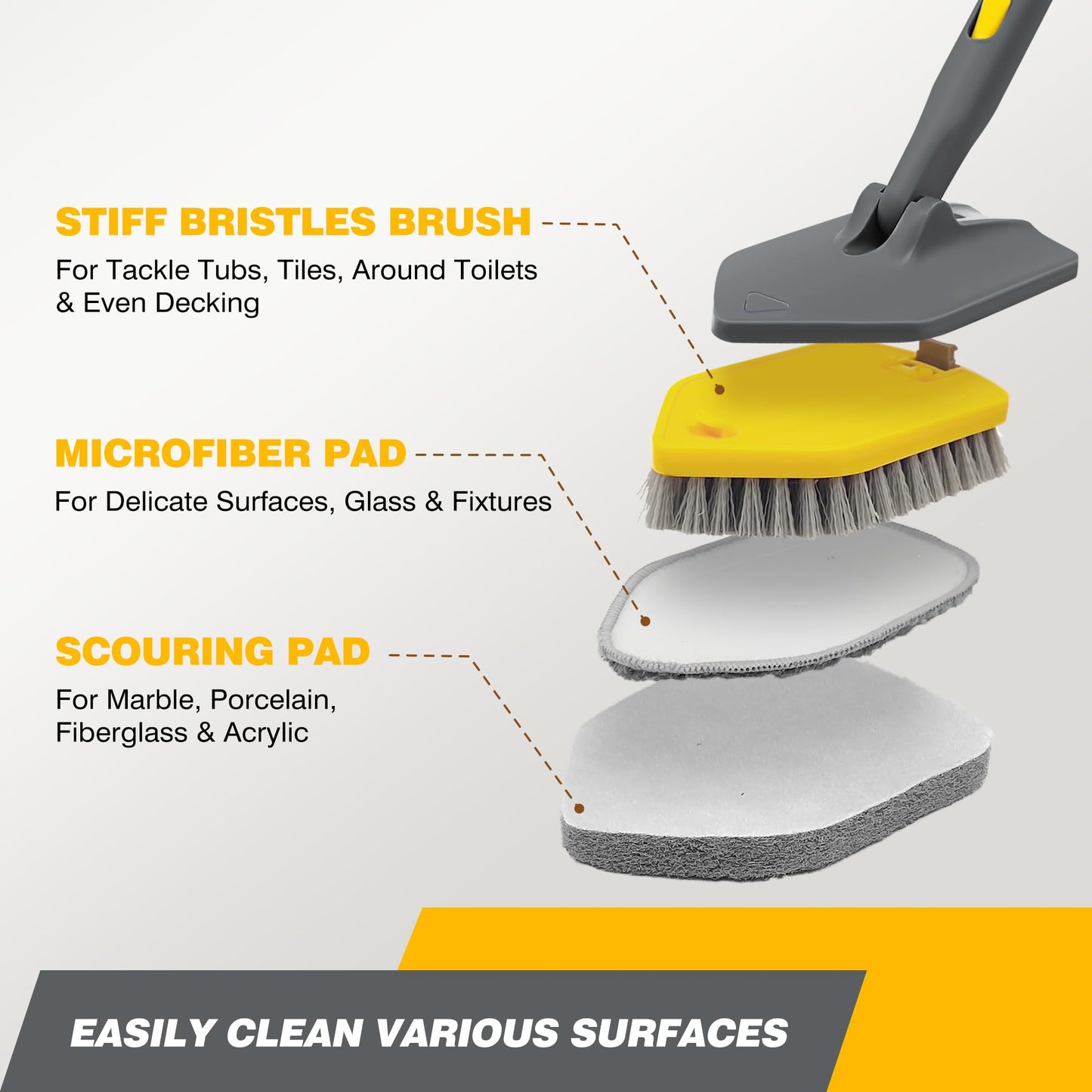 DALIPER Shower Scrubber with Long Handle for Cleaning, 56" Extendable 3 in 1 Shower Cleaner Brush, Interchangeable Tub Scrub Brush Attachment for Cleaning Bathroom Bathtub Floor Wall