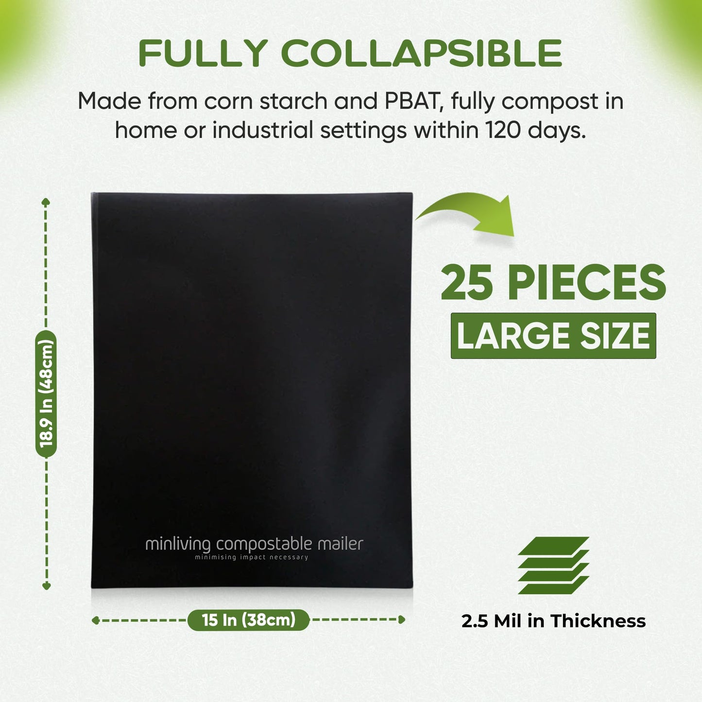 100% Compostable Biodegradable Mailers 14.9" x 19" (25 Pcs) Poly Mailers, Eco-Friendly Packaging Envelopes Pouches. Reusable double sealing, extra thick, Zero-waste mailing bags (L size, 14.9x19 inch)