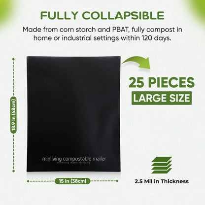 100% Compostable Biodegradable Mailers 14.9" x 19" (25 Pcs) Poly Mailers, Eco-Friendly Packaging Envelopes Pouches. Reusable double sealing, extra thick, Zero-waste mailing bags (L size, 14.9x19 inch)