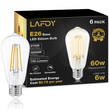 LED Edison Bulbs 60 Watt Dimmable, Vintage E26 Light Bulb Soft White 2700K, ST58 Teardrop Antique Style 60W Equivalent Lightbulbs, Medium Base 6W 700 Lumen 120V, 6 Pack