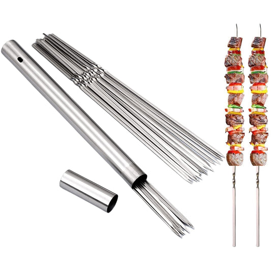 WILLBBQ 304 Stainless Steel 13.2" Long Flat Barbecue Skewers,20PCS/40PCS BBQ Kebab Skewers with Portable Metal Storage Tube,Reusable for Grilling Barbecue Kitchen Party and Outdoor Cooking (40PCS)