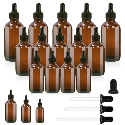 Swpeet 24Pcs 1 oz 2 oz 4 oz Amber Glass Bottles with Black Glass Dropper Assortment Kit, Eye Dropper Bottle Glass Dropper Bottle for Essential Oils, Liquids, Perfume, Leak Proof Travel