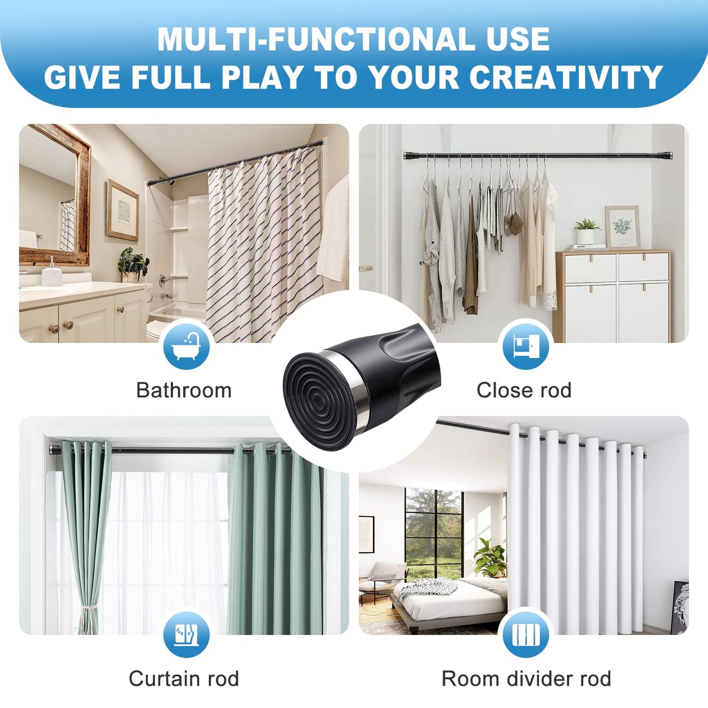 Tension Shower Curtain Rod, 42 to 115 inch Adjustable Heavy Duty black shower tension curtain rod for bathroom Closet Windows