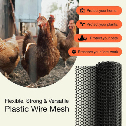 Plastic Chicken Wire Mesh Fence Roll - BEFYUS 15.7IN x 16.4FT Garden Fencing Animal Barrier with Zip Tie，Temporary Use Poultry Wires Netting for Pet,Dogs,Deer Rabbit (Black)