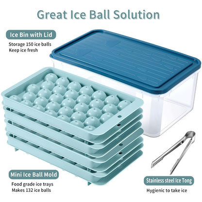 ARTLEO Round Ice Cube Trays 4 Pack for Freezer with Lid Bin, Upgrade Easy Release Ice Ball Maker Mold, Perfect 1.2IN*132 Sphere ice Trays, Freezer Ice Container with Lid, Ice Bucket Tong, Bpa Free