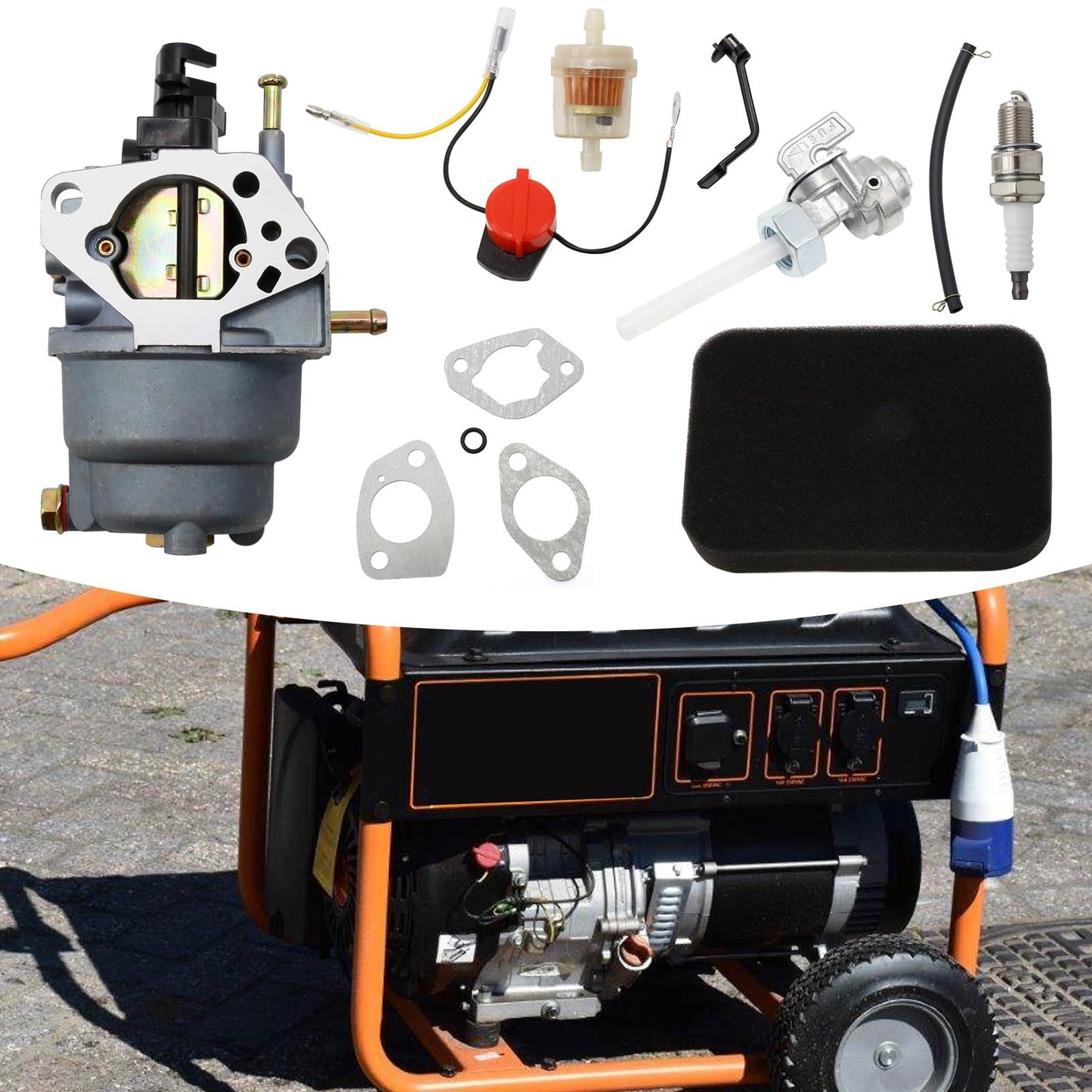 0J58620157 Carburetor w/Air Filter Tune Up Kit Replacement for Generac GP5000 GP5500 GP6500 GP6500E GP7500E 389cc 8125W 188F 190F 0G8442A111