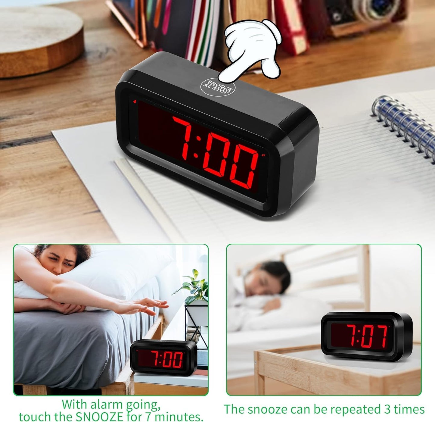 Alarm Clock, Digital Clock, Small Wall Clock, Battery Operated, Adjustable 3-Level Led Brightness, Dim Night Model, 12/24Hr, Cordless, Constantly 1.2'' Digits Display for Bedroom/Travel