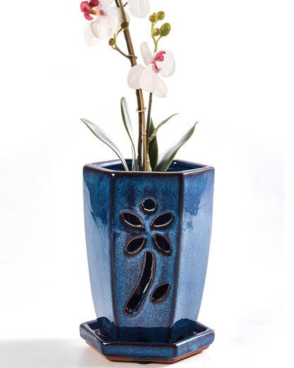 Vensovo 4 Inch Ceramic Orchid Pot with Holes and Saucer, 1 Pc Small Hexagon Succulent Planter for Repotting, Garden Flowerpot for Indoor Outdoor Plants, Promotes Air Circulation (Blue)