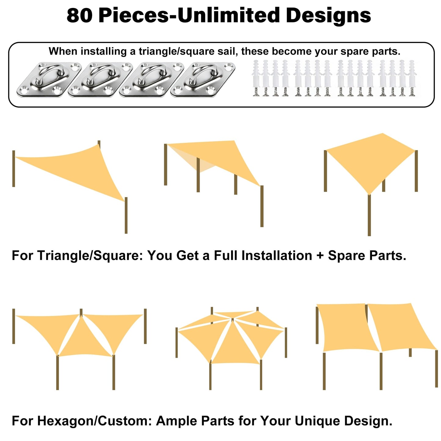 YOFIT Shade Sail Hardware Kit 6 inch for Triangle Rectangle Sun Shade Sail Installation, 304 Grade Stainless for Garden Outdoors, 80 Pcs