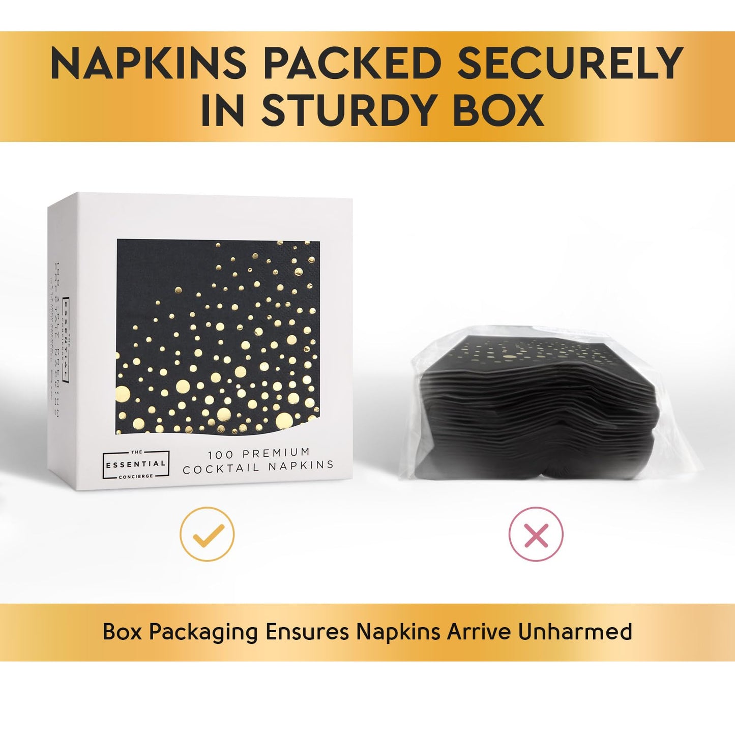 Stylish Black and Gold Napkins - 100 Pack of Disposable 5x5 Inch Black and Gold Cocktail Napkins- Disposable 3-Ply Black Cocktail Napkins for Party - Black Paper Napkins