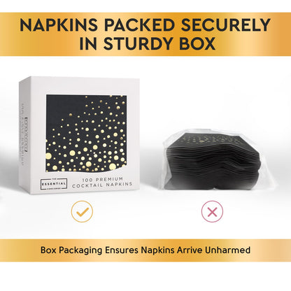 Stylish Black and Gold Napkins - 100 Pack of Disposable 5x5 Inch Black and Gold Cocktail Napkins- Disposable 3-Ply Black Cocktail Napkins for Party - Black Paper Napkins