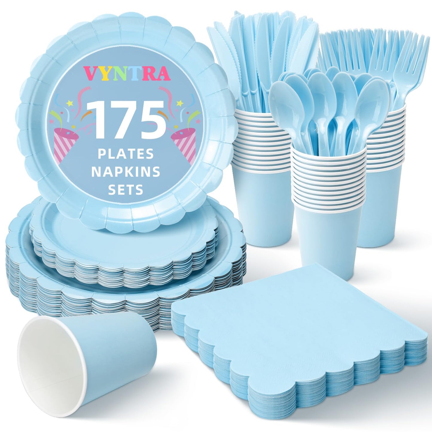 Vyntra 175 PCS Disposable Paper Plates & Napkins Set, Light Blue Party Dinnerware – Baby Shower, Birthday, Gender Reveal