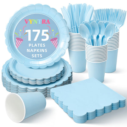 Vyntra 175 PCS Disposable Paper Plates & Napkins Set, Light Blue Party Dinnerware – Baby Shower, Birthday, Gender Reveal