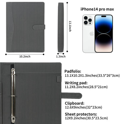 Wonderpool A4 Leather Portfolio Holder Ring File Document Case with Removable Binder Clipboard, Multi Pocket and Legal Pad for Business Organizer Interview and Meeting (Grey)