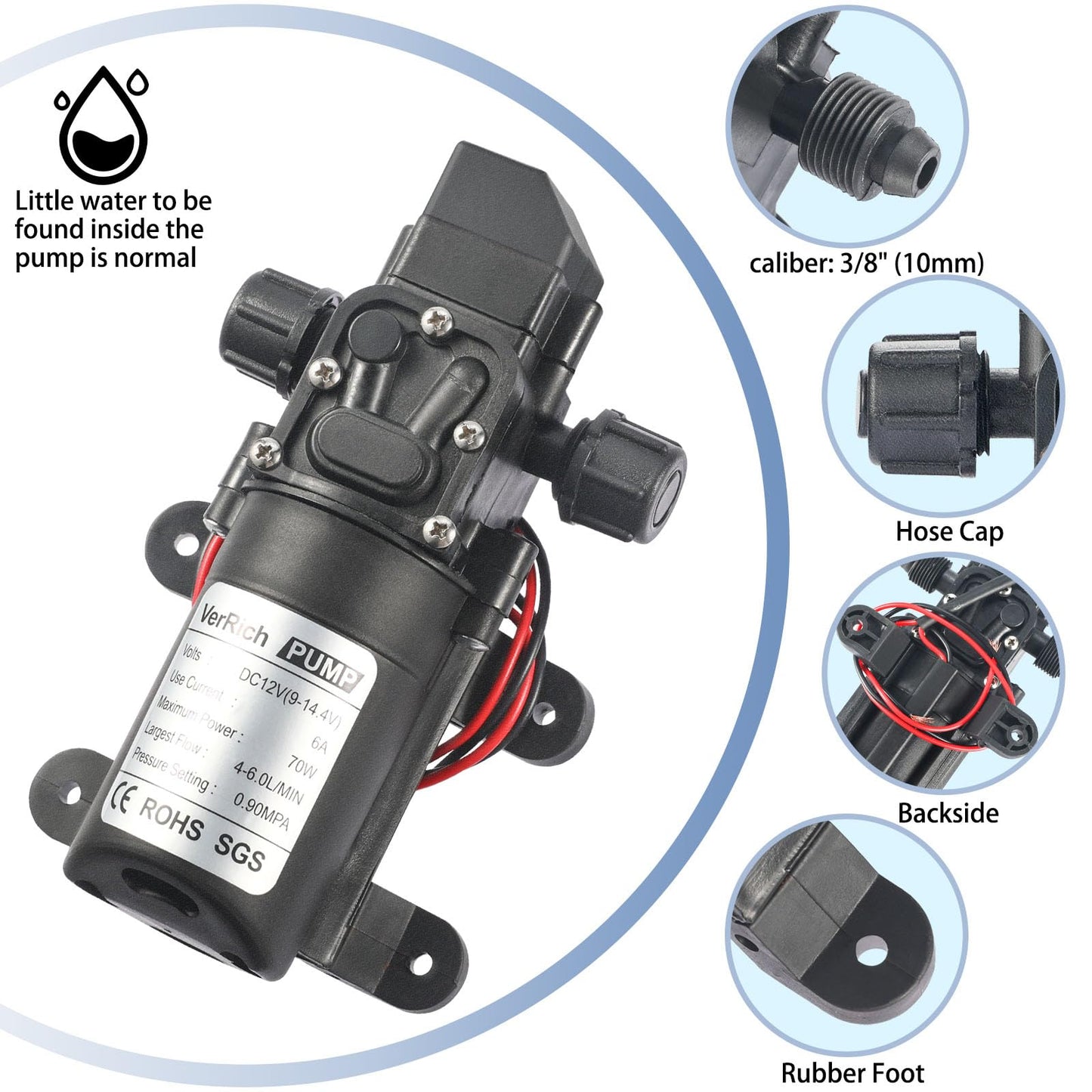VerRich 12V Water Pump 70W 6A Diaphragm Pump Intelligent Self Priming Sprayer Pump 6 L/Min 0.9MPA 131 PSI for RV Camper Marine Boat Garden